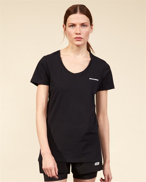Skechers Graphic Tee W V Neck T-Shirt Kadın Siyah Üst & T-shirt - S202215-001